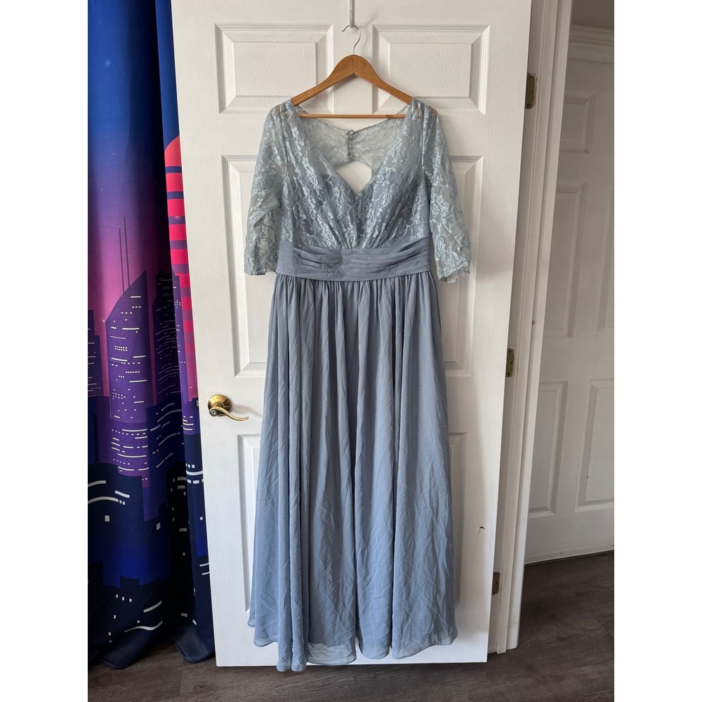 JJ's House Dusty Blue Lace Chiffon A-Line Evening Gown Keyhole Back NWT 16W